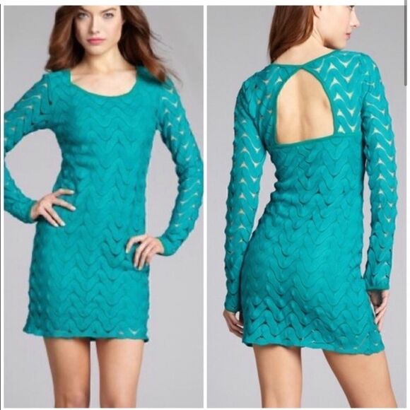 Free People Wild Thing Mini Dress Long Sleeves Cut-Out Emerald Green sz - Picture 1 of 9